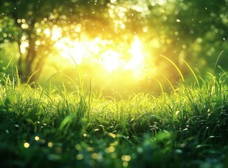 Obraz premium Refreshing Green Grass Blades Illuminated by Soft Sunlight in Impressionist Style