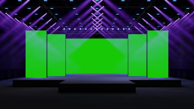 Motion Empty stage Design for mockup and Corporate identity,Display.Stage green screen in hall.Blank screen for Graphic Resources.Scene event led night light staging.Animation loop 4k.3D render.	
