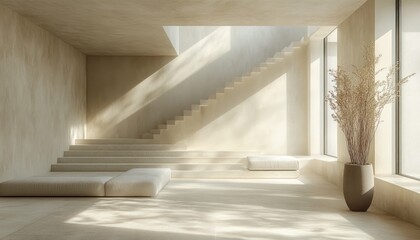 Minimalist Studio Interior Design with Concrete Grey Wall and Natural Light for Product Display in Empty Kitchen Room