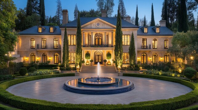 Elegant Palacial Estate with Fountain at Twilight
