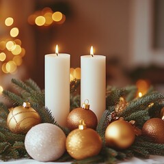 White candles with gold and white ornaments on evergreen branches