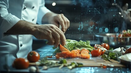 A chef is cutting vegetables, while digital information overlays the scene.