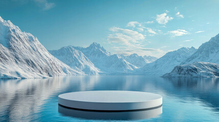 Serene winter landscape with a podium, abstract mockup, presentation products background 