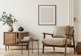 A cozy living room corner with a wooden armchair. side table. and a cabinet with a vase of greenery