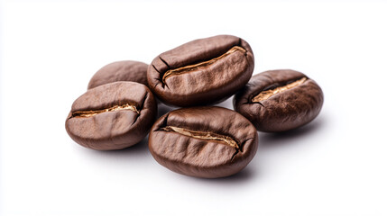 Freshly roasted coffee beans arranged on white background, showcasing their rich brown color and unique texture.