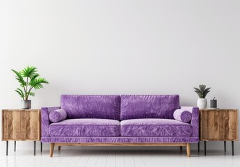 Purple velvet sofa in a modern living room with white walls and wooden end tables