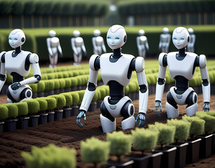 Fototapeta premium Humanoid robots planting rows of bushes in a nursery field Generative AI