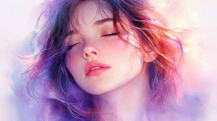 Fototapeta premium Watercolor Portrait of a Beautiful Young Woman Looking Up with Flowing Hair and Soft Pastel Colors