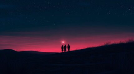 Three wise men in silhouette on the horizon, with a radiant star leading them across a dark sky