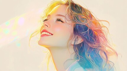 Smiling Woman Side Profile in Soft Pastel Colors