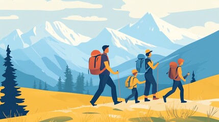 Fototapeta premium A family of four is hiking in the mountains.