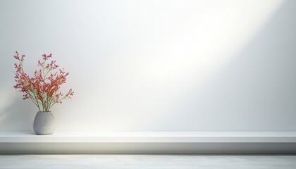 Obraz premium Minimalist Studio Scene with Bright White Background and Natural Lighting Featuring Modern Display Shelf