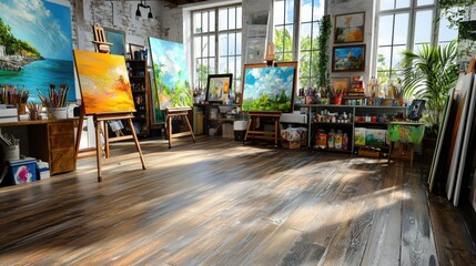 Obraz premium Bright and Spacious Art Studio with Colorful Paintings and Natural Light Streaming In