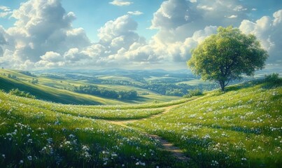 Fototapeta premium Serene Rolling Hills Under Blue Sky Impressionist Landscape