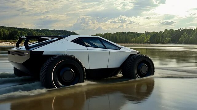 A futuristic amphibious vehicle capable of operating on both water and land, shown driving across a shoreline while transitioning seamlessly between environments.