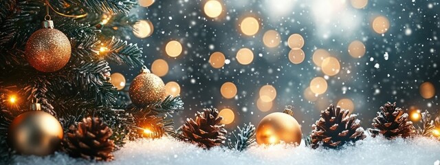 Christmas tree decorated gold lights winter snow bokeh holiday festive ornaments greeting card season merry happy