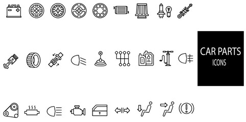 Set of 40 outline Automotive space part icons.Auto spare parts vector thin line art flat style design elements, icons for web banners and printed materials..Vector illustration.