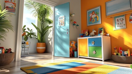 Bright and Cheerful Playroom with Colorful Decor and Natural Light for Children and Families