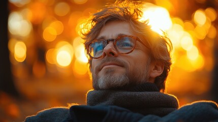 Young Asian Man in Suit Sitting on Bench in Park Reflecting During Autumn Evening
