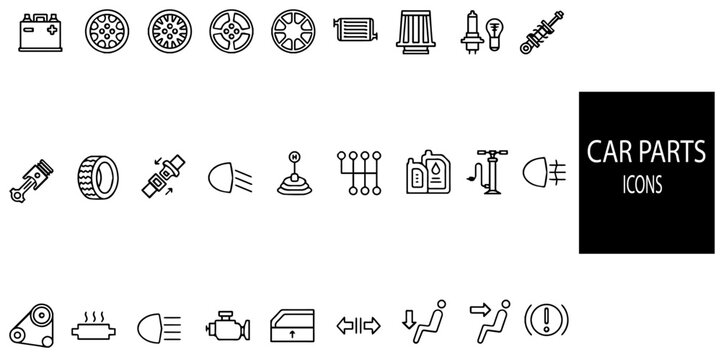 Set of 40 outline Automotive space part icons.Auto spare parts vector thin line art flat style design elements, icons for web banners and printed materials..Vector illustration.