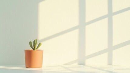 Unique natural indoor cactus. A small cactus in a terracotta pot casts shadows on a bright wall.