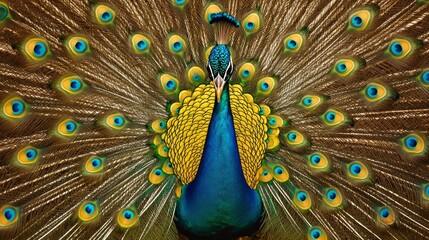Obraz premium Indian national bird the Peacock wonderful feather open wheel portrait, vibrant and ritualic dancing during mating in wild