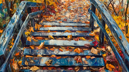 colorful foliage of trees in the autumn season the colors are yellow red and green of various deciduous trees, Autumn sunny day, steps of stairs in the old park, many fallen foliage