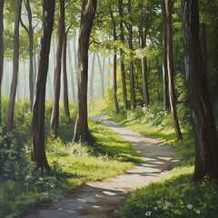 A tranquil forest path winding through tall trees, with sunlight filtering through the canopy, creating soft light on a white background.