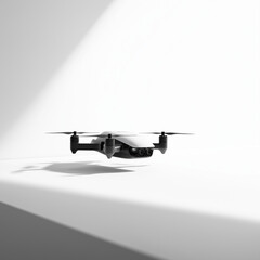 A compact, cutting-edge drone hovering slightly above a white surface.