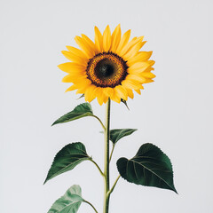 A close-up of a single blooming sunflower, standing tall against a white background.