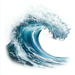 A curling ocean wave with frothy foam, isolated on a white backdrop.