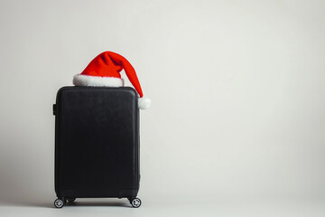 Black suitcase with red Santa hat on top placed against plain white background, symbolizing holiday travel and Christmas vacations