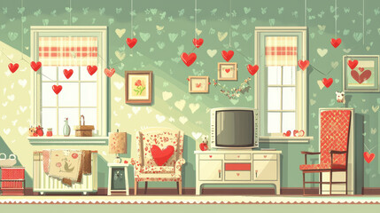 Cozy living room with heart decorations, vintage furniture, and soft colors. Perfect for romantic atmosphere or Valentine Day