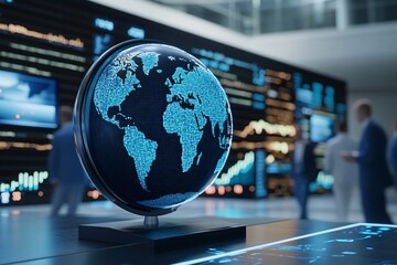 A digital globe showcases global data amidst a backdrop of financial charts and figures, symbolizing technology and international business.