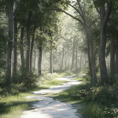 A tranquil forest path winding through tall trees, with sunlight filtering through the canopy, creating soft light on a white background.