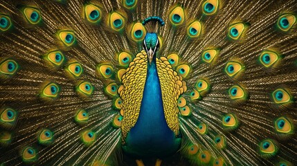 Fototapeta premium Indian national bird the Peacock wonderful feather open wheel portrait, vibrant and ritualic dancing during mating in wild