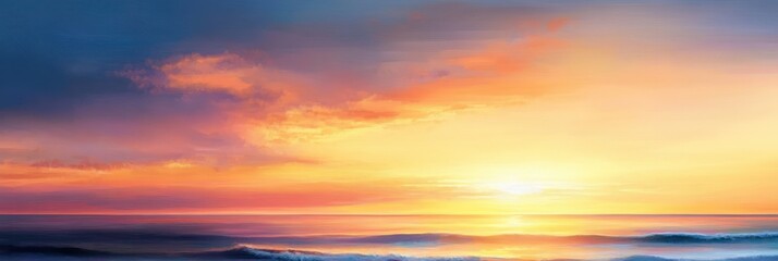 Fototapeta premium Sunset Landscape with Soft Brush Strokes in Warm Pastels Over Sea Beach, Autumn and Spring Nature Illustration with Dramatic Light and Gentle Waves