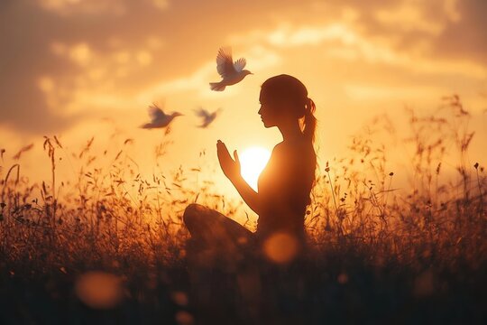 Woman Praying at Sunset with the Holy Spirit as a White Dove Symbolizing Faith Divine Intervention and God's Grace - Powered by Adobe