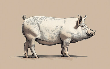 Pig, hog, boar. Vintage retro print, black white pig sketch ink pencil style drawing, linear drawing, engrave old school. Sketch artwork silhouette pig, hog, boar. Side view profile. Illustration