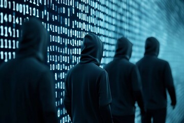 A shadowy scene featuring cloaked figures walking away from a digital backdrop of binary code, representing themes of hacking and cybersecurity.