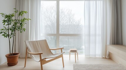 A minimalist interior of a Nordic home, showcasing simple furniture, neutral colors, and a large window letting in natural light