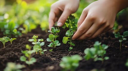 Closeup of hands planting seedlings in rich soil.