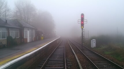 Fototapeta premium A misty railway track disappearing into fog, with wet, shiny metal reflecting the faint morning light
