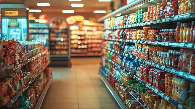 Colorful grocery aisle filled with various condiments and sauces in a supermarket