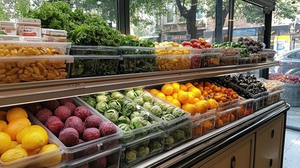 Fresh produce display in a city grocery store showcasing a variety of fruits and vegetables during midday