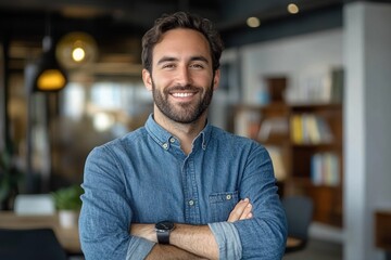 Confident Latin businessman in denim shirt standing arms crossed smiling in modern office