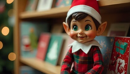 Elf in a bookcase with sparkling eyes, surrounded by holiday cards