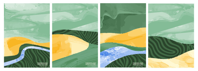 Trendy modern vector illustration of green countryside landscape with mountain, river, forest. Abstract watercolor design with hill, field. Contemporary pieces composition, organic applique, patchwork
