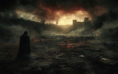 Battlefield Aftermath Surrounded by Shadows and Steel Remnants from Historic Warfare