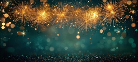 Naklejka premium New Year 2025 Celebration Fireworks Background Illustration Panorama with Gold Fireworks on Green Night Sky Bokeh Lights